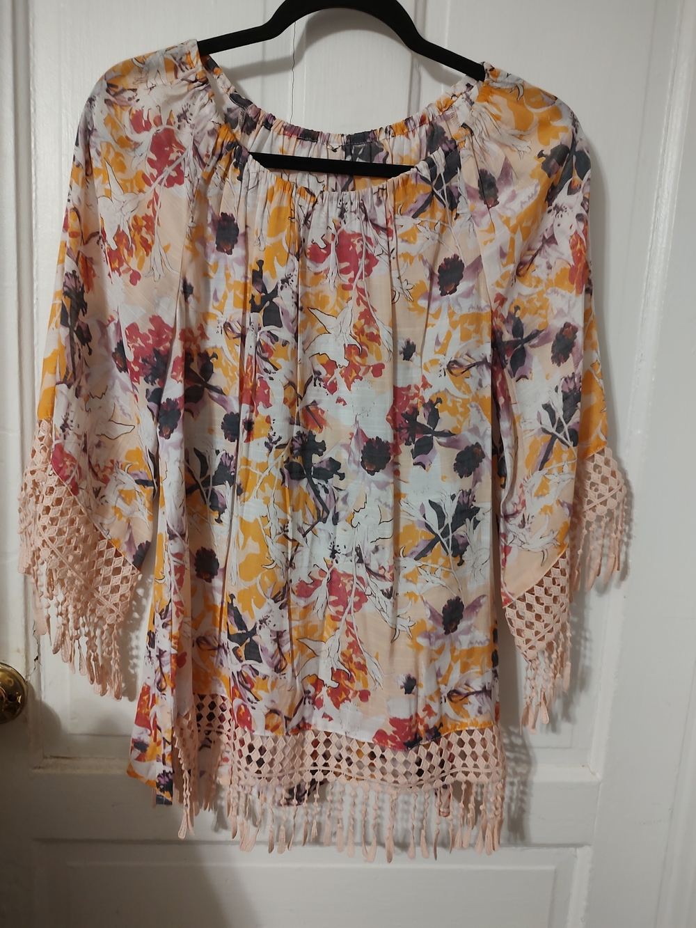 Floral Fringe Boho Blouse in Peach, Yellow & Black
